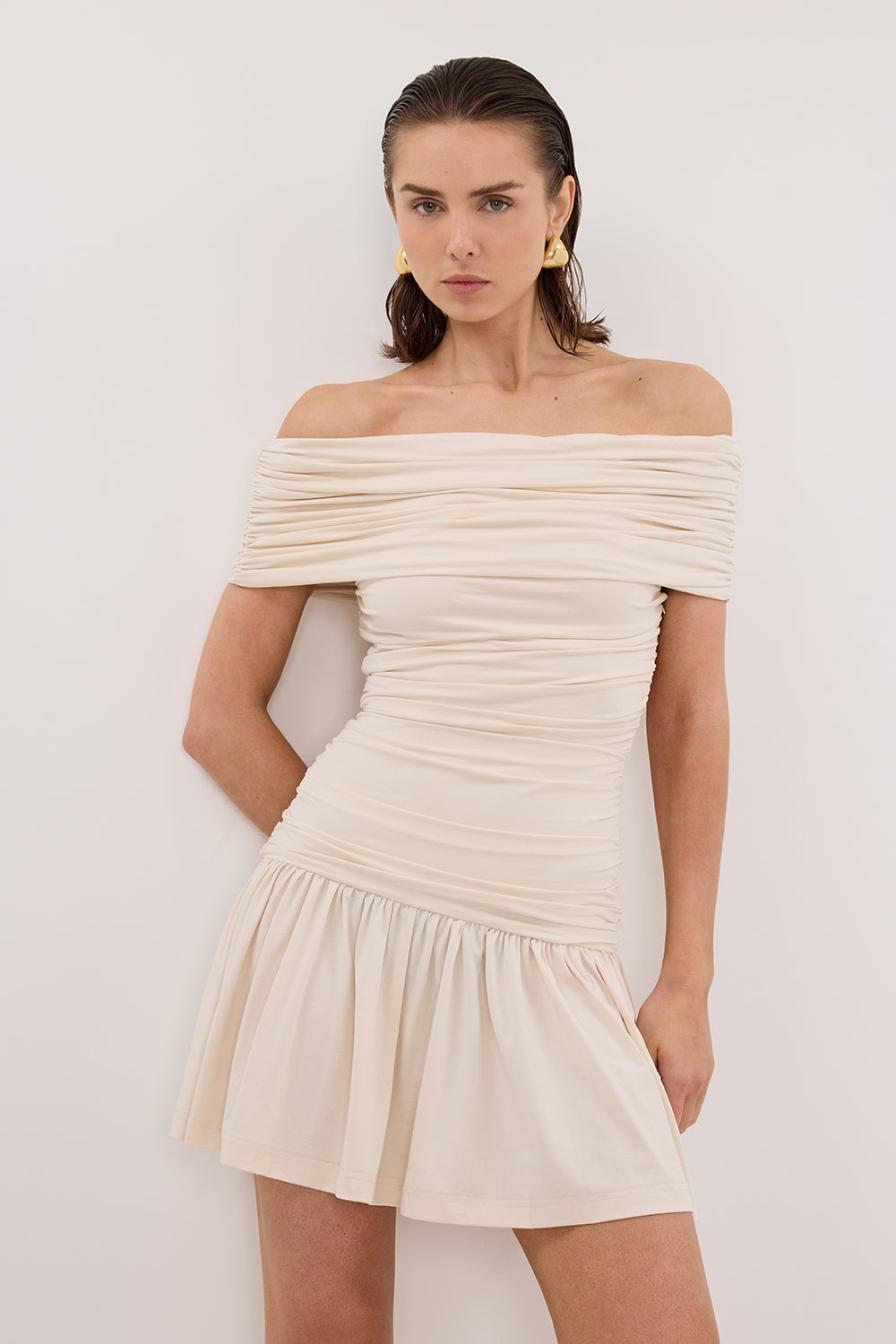 Fez Off Shoulder Mini Dress in Bone by Dissh