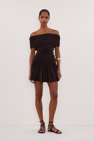 Kristen wearing FEZ BURNT CHOC OFF SHOULDER MINI DRESS