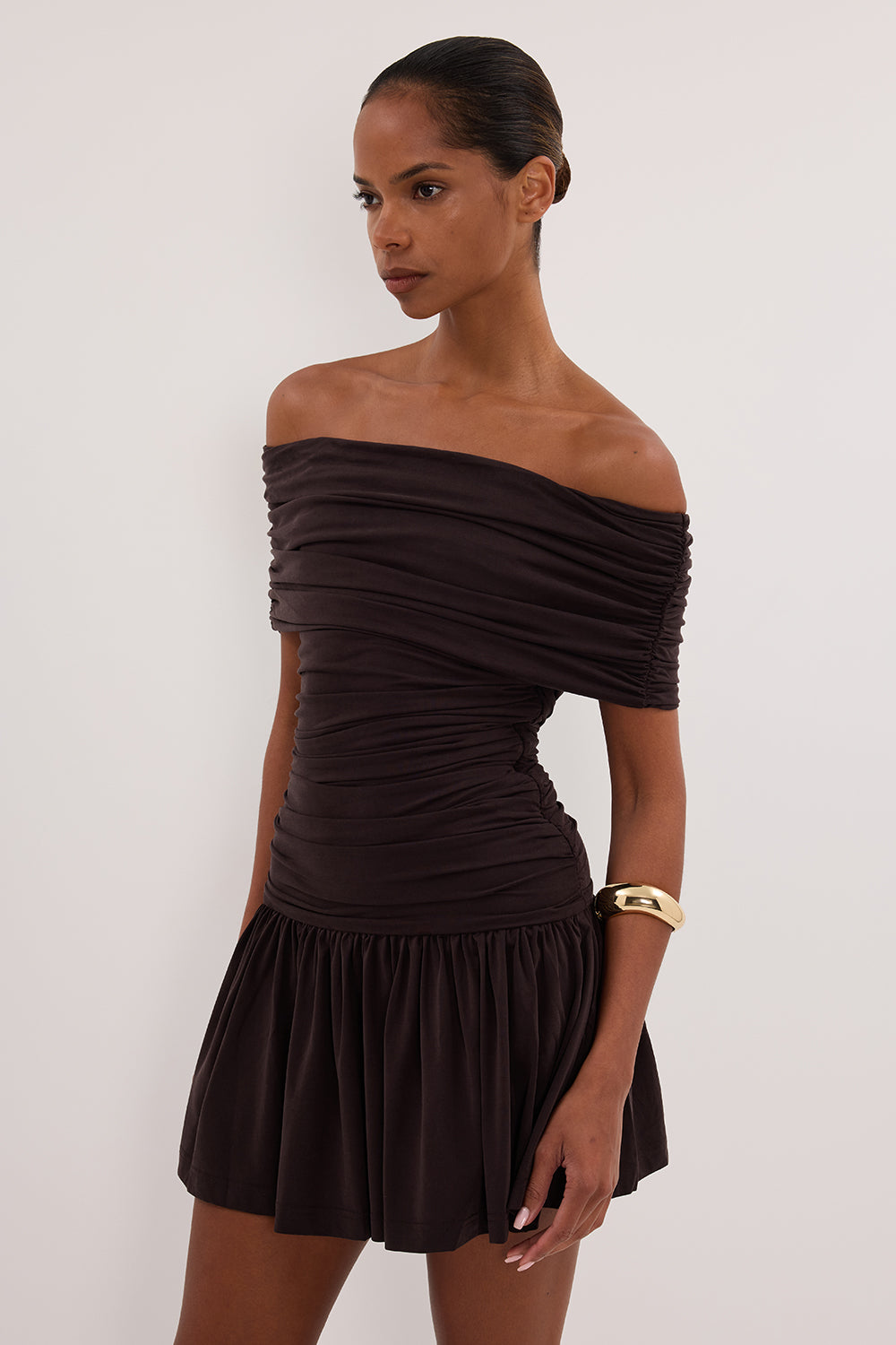 Fez Off Shoulder Mini Dress in Burnt Choc By DISSH Fez Off Shoulder Mini Dress in Burnt Choc By DISSH