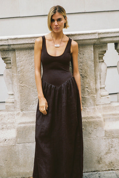 Joanna wearing SKYLER BURNT CHOC HYBRID MIDI DRESS