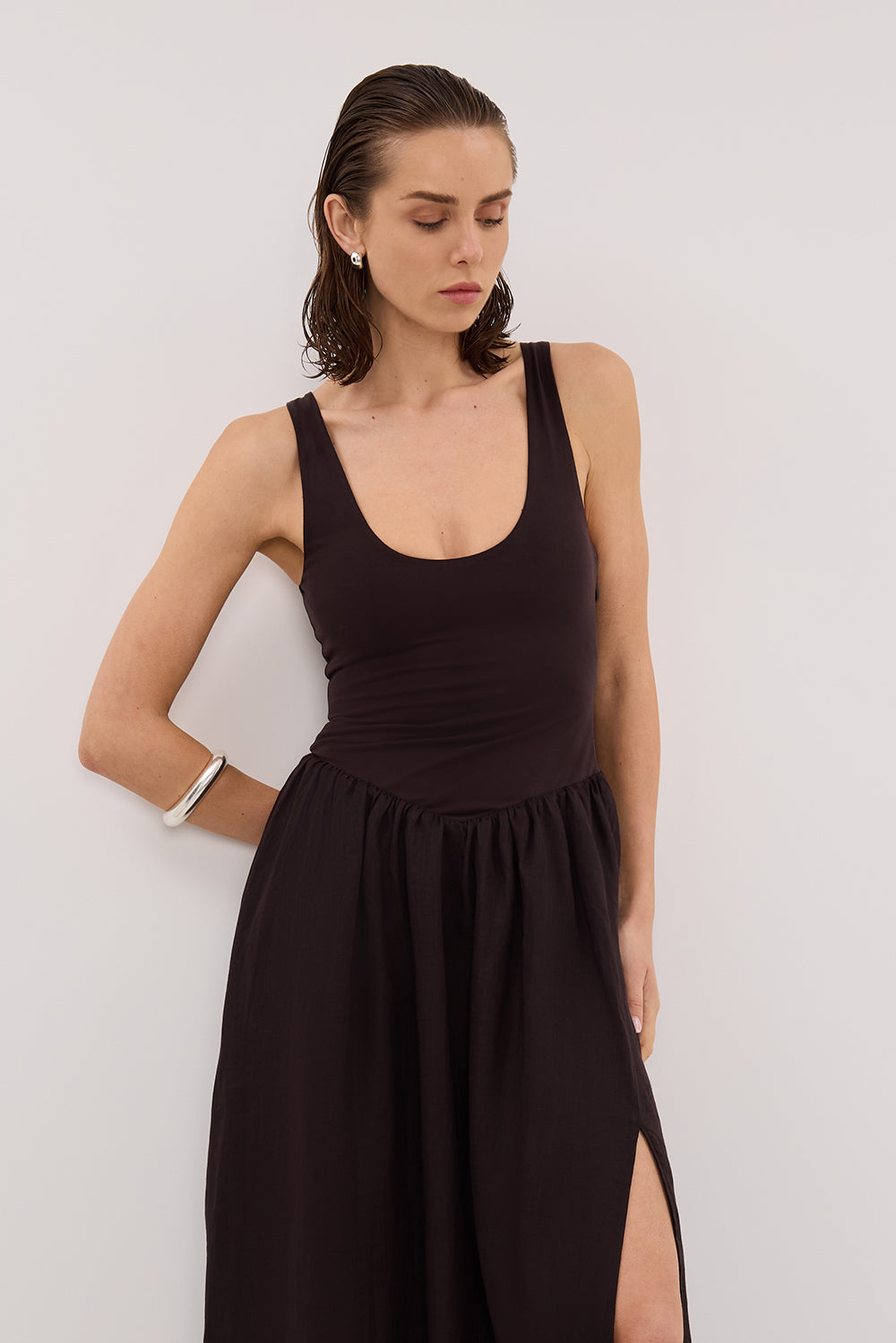 SKYLER BURNT CHOC HYBRID MIDI DRESS