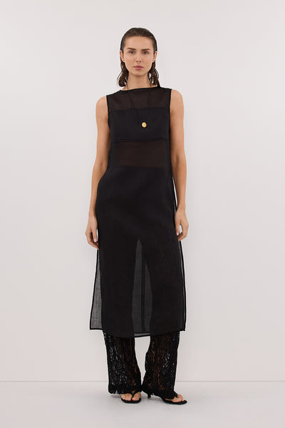 Stas wearing KAI BLACK SLEEVELESS RAMIE TUNIC TOP