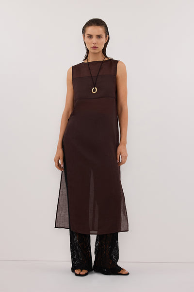 Stas wearing KAI BURNT CHOC SLEEVELESS RAMIE TUNIC TOP