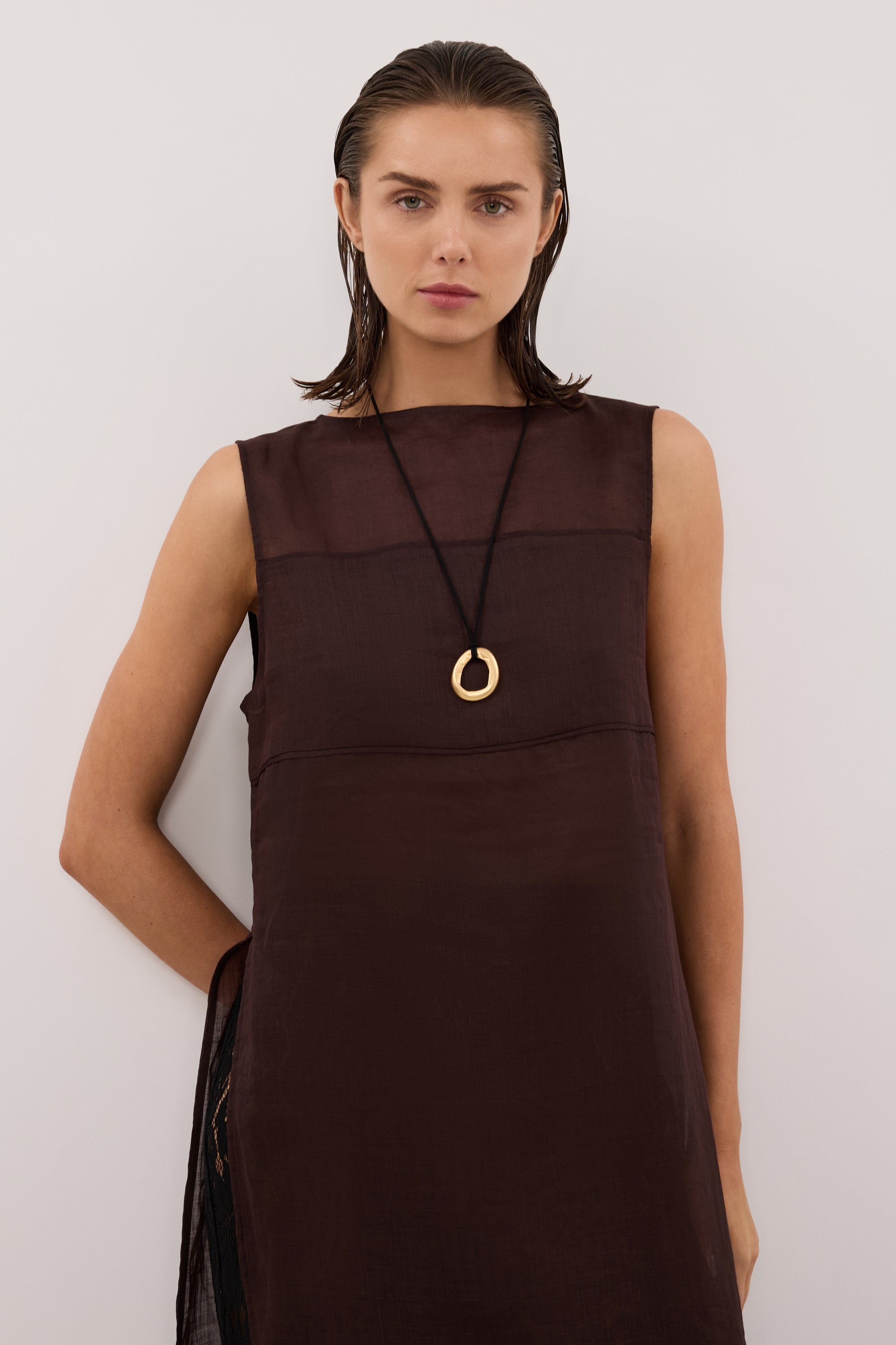 KAI BURNT CHOC SLEEVELESS RAMIE TUNIC TOP