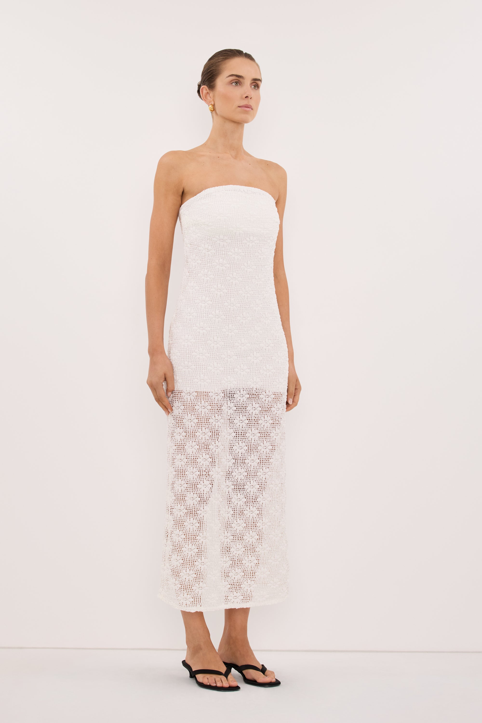 Agnes Strapless Crochet Maxi Dress in White By DISSH