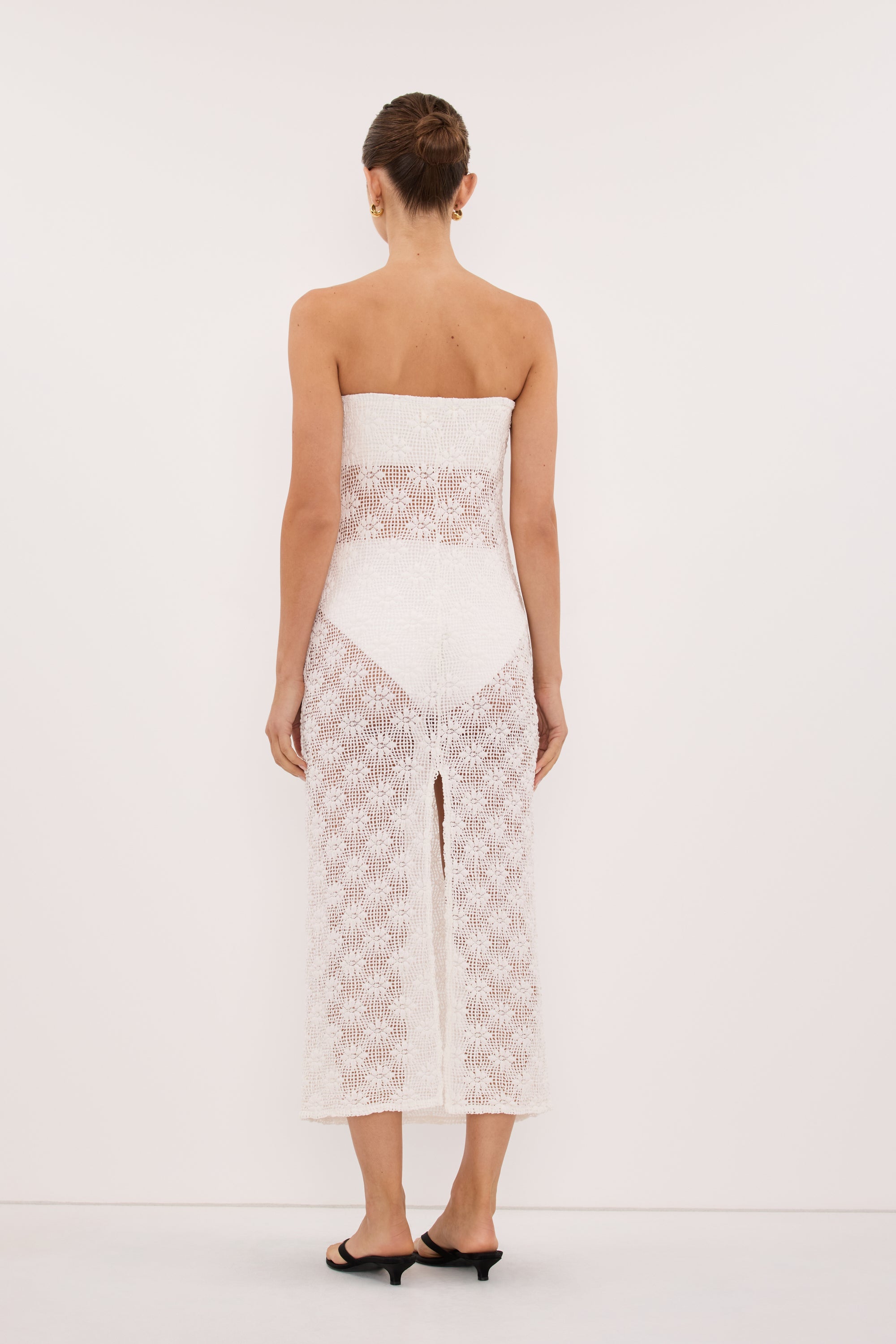 Agnes Strapless Crochet Maxi Dress in White By DISSH Agnes Strapless Crochet Maxi Dress in White By DISSH