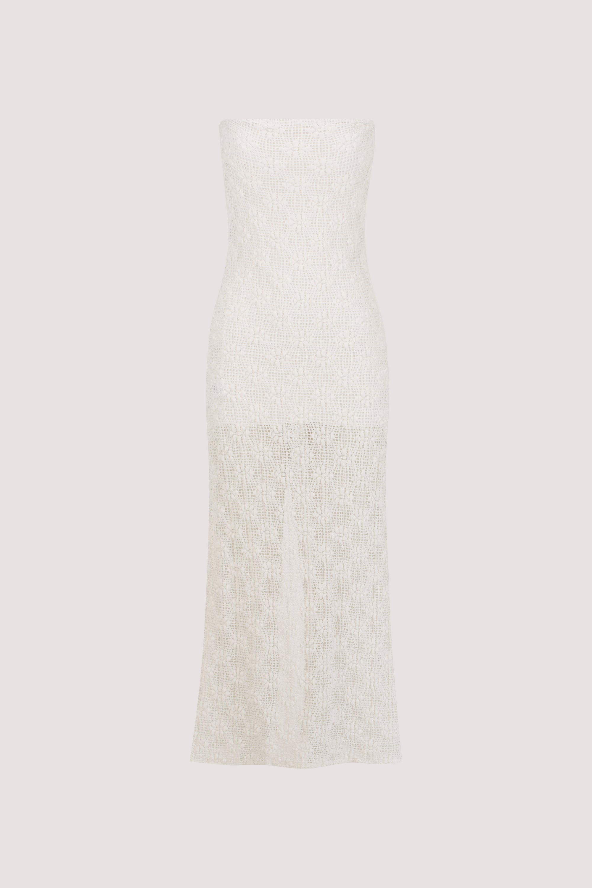 Agnes Strapless Crochet Maxi Dress in White By DISSH Agnes Strapless Crochet Maxi Dress in White By DISSH