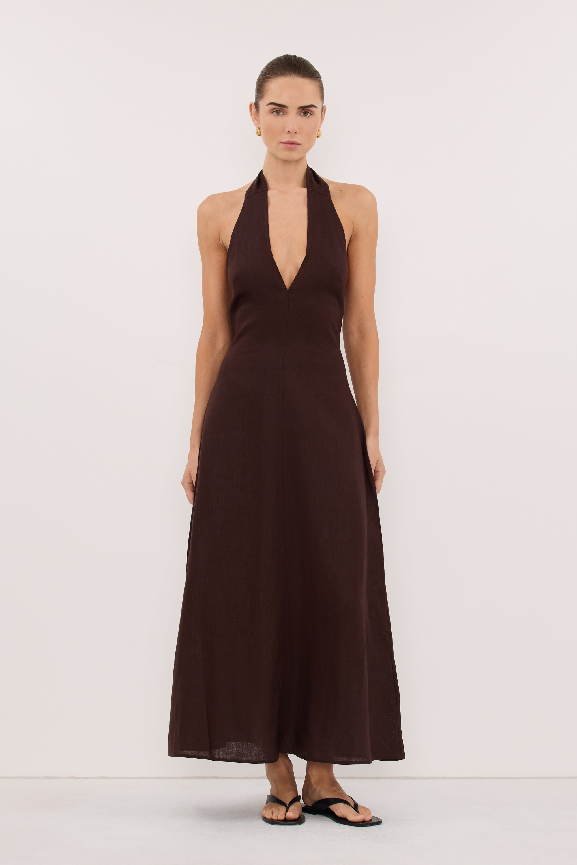 SKY BURNT CHOC LINEN MIDI DRESS
