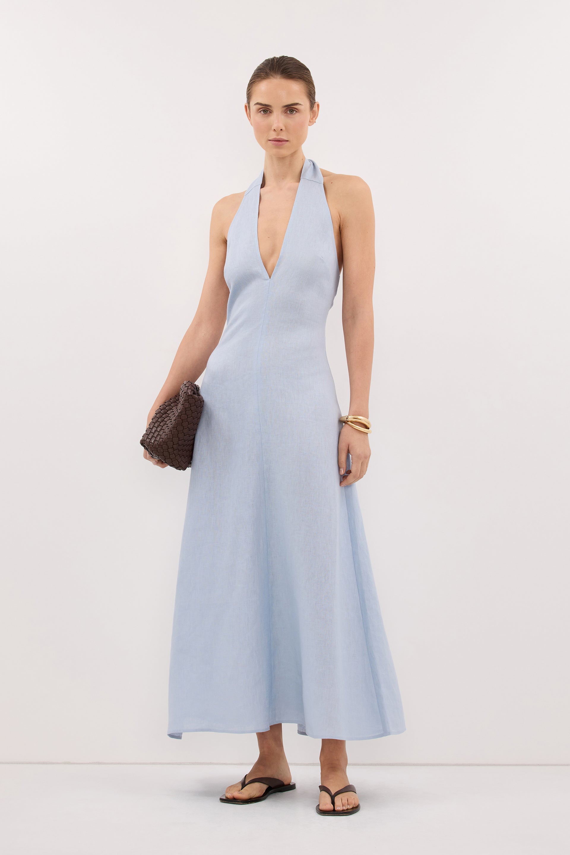 Sky Linen Sleeveless Midi Dress in Dusty Blue By DISSH