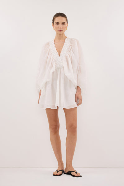Stas wearing BRIELLE WHITE RAMIE MINI DRESS