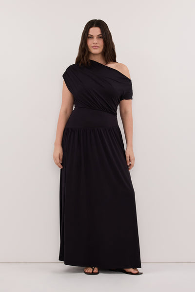 Jasmine wearing ELSIE BLACK MODAL ASYM MAXI DRESS