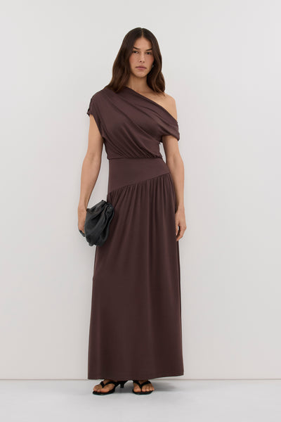 Helena wearing ELSIE CHOC MODAL ASYM MAXI DRESS