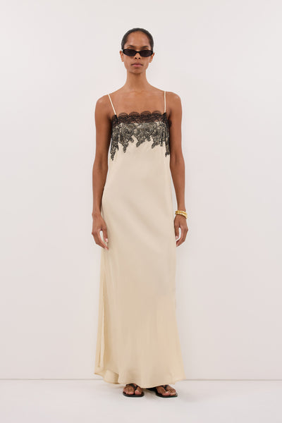 Kristen wearing MINA STRAW CUPRO LACE MIDI DRESS