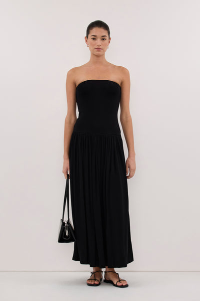 Aude wearing AVEN BLACK BANDEAU MAXI DRESS