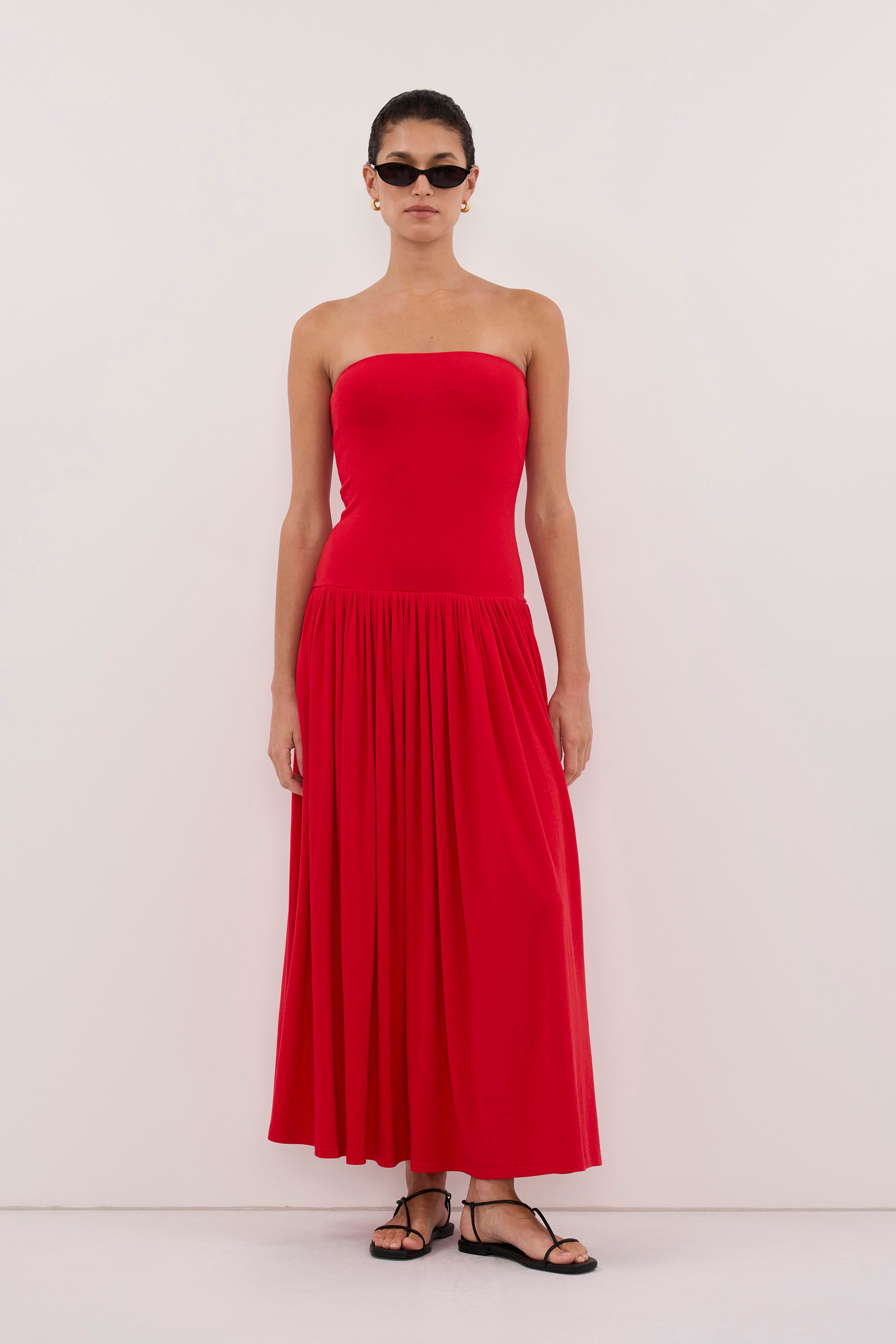 Aven Bandeau Maxi Dress in Red By DISSH