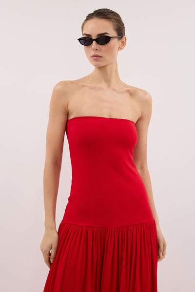 Stas wearing AVEN RED BANDEAU MAXI DRESS - PRE ORDER