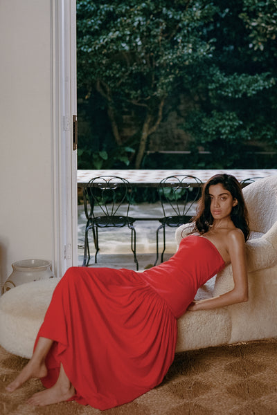 red satin bandeau dress Salma
