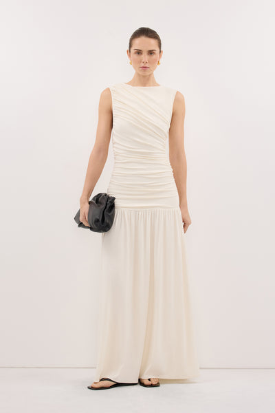Stas wearing LOLA CREAM RUCHED MAXI DRESS