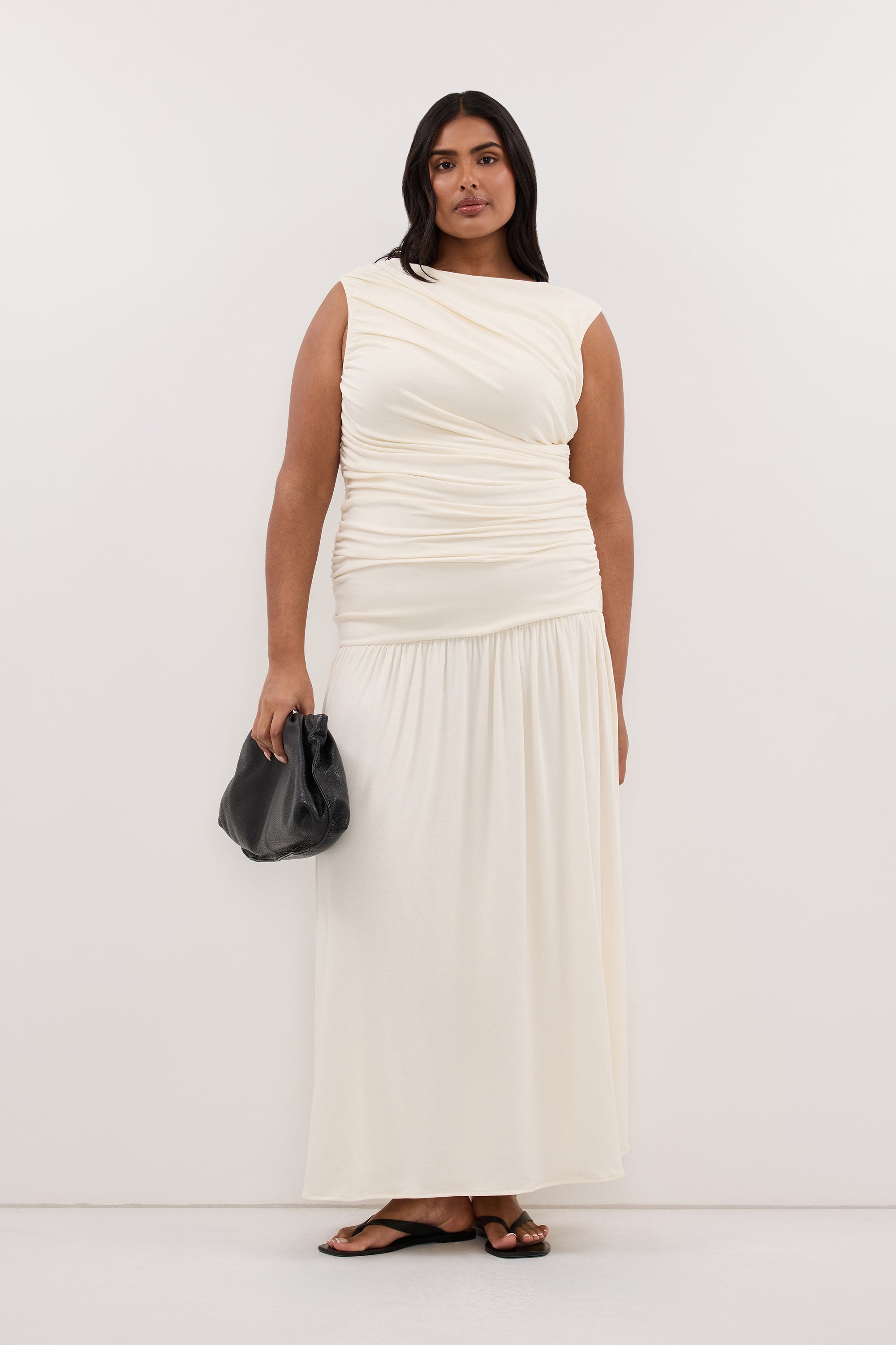Lola Ruched Maxi Dress in Cream By DISSH