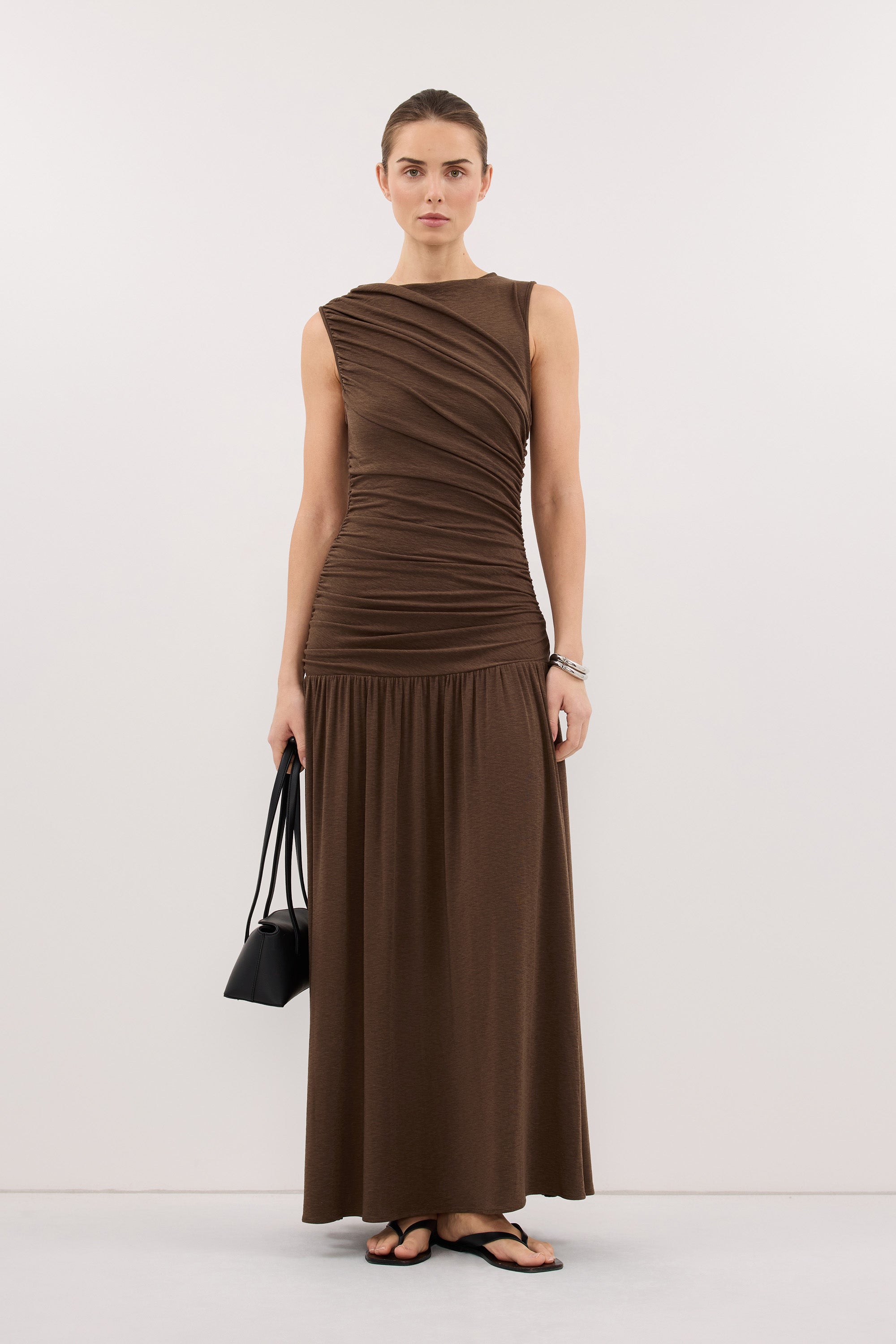 Lola Ruched Maxi Dress in Khaki By DISSH