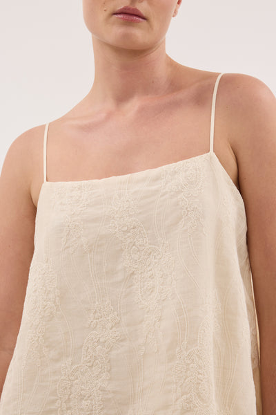 Anaya wearing CORDELIA SANDSTONE RAMIE MINI DRESS