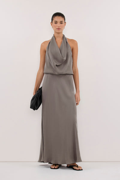 Aude wearing ADELE STEEL GREY CUPRO MIDI DRESS - PRE ORDER