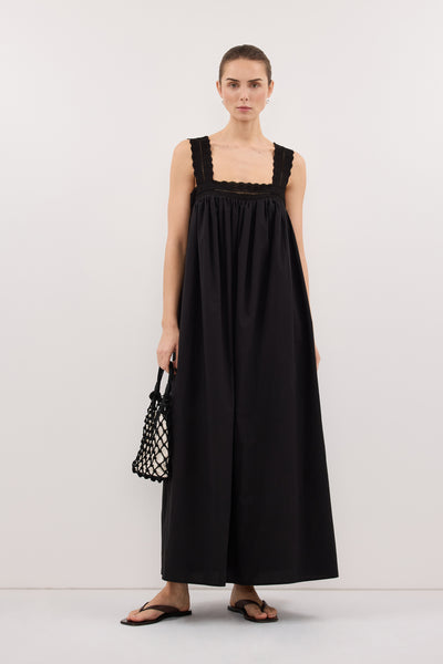 Stas wearing MIRANDA BLACK LACE TRIM MIDI DRESS