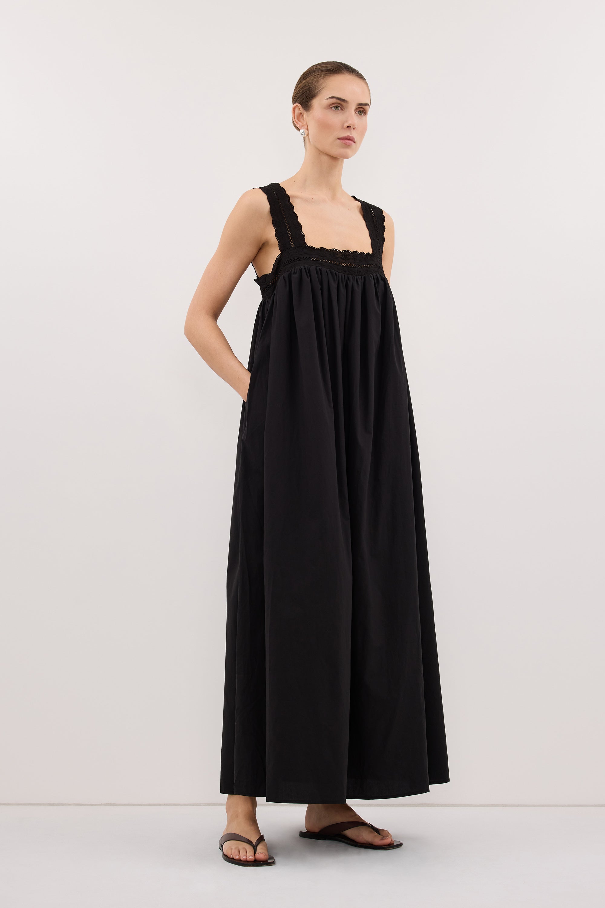 MIRANDA BLACK LACE TRIM MIDI DRESS