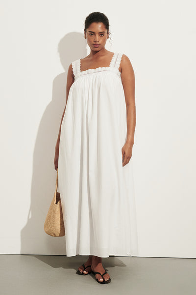 Amanda wearing MIRANDA WHITE LACE TRIM MIDI DRESS