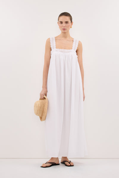 Stas wearing MIRANDA WHITE LACE TRIM MIDI DRESS