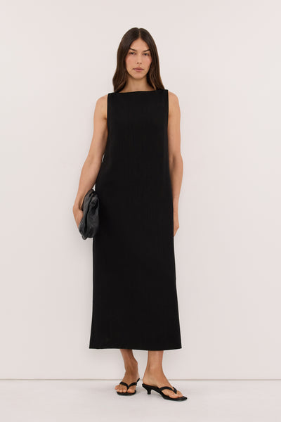 Helena  wearing RUNA BLACK BOAT NECK MIDI DRESS