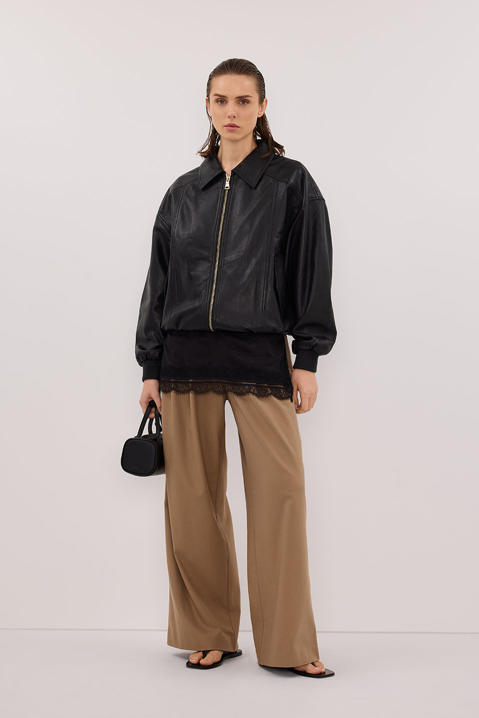 HUTTON BLACK LEATHER BOMBER JACKET