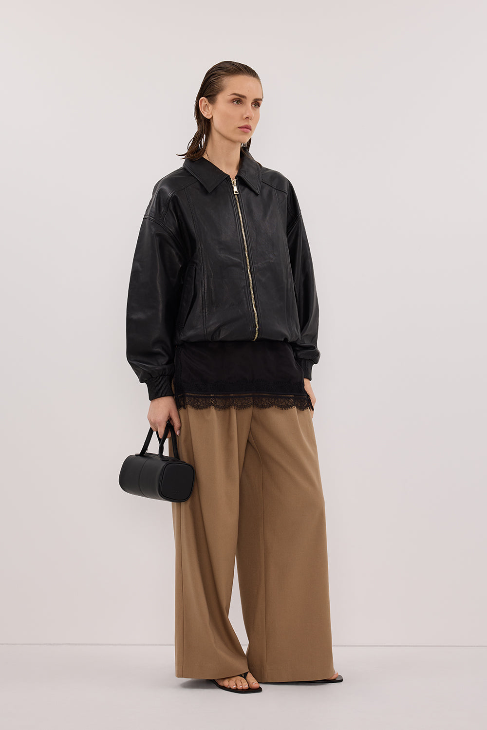 HUTTON BLACK LEATHER BOMBER JACKET