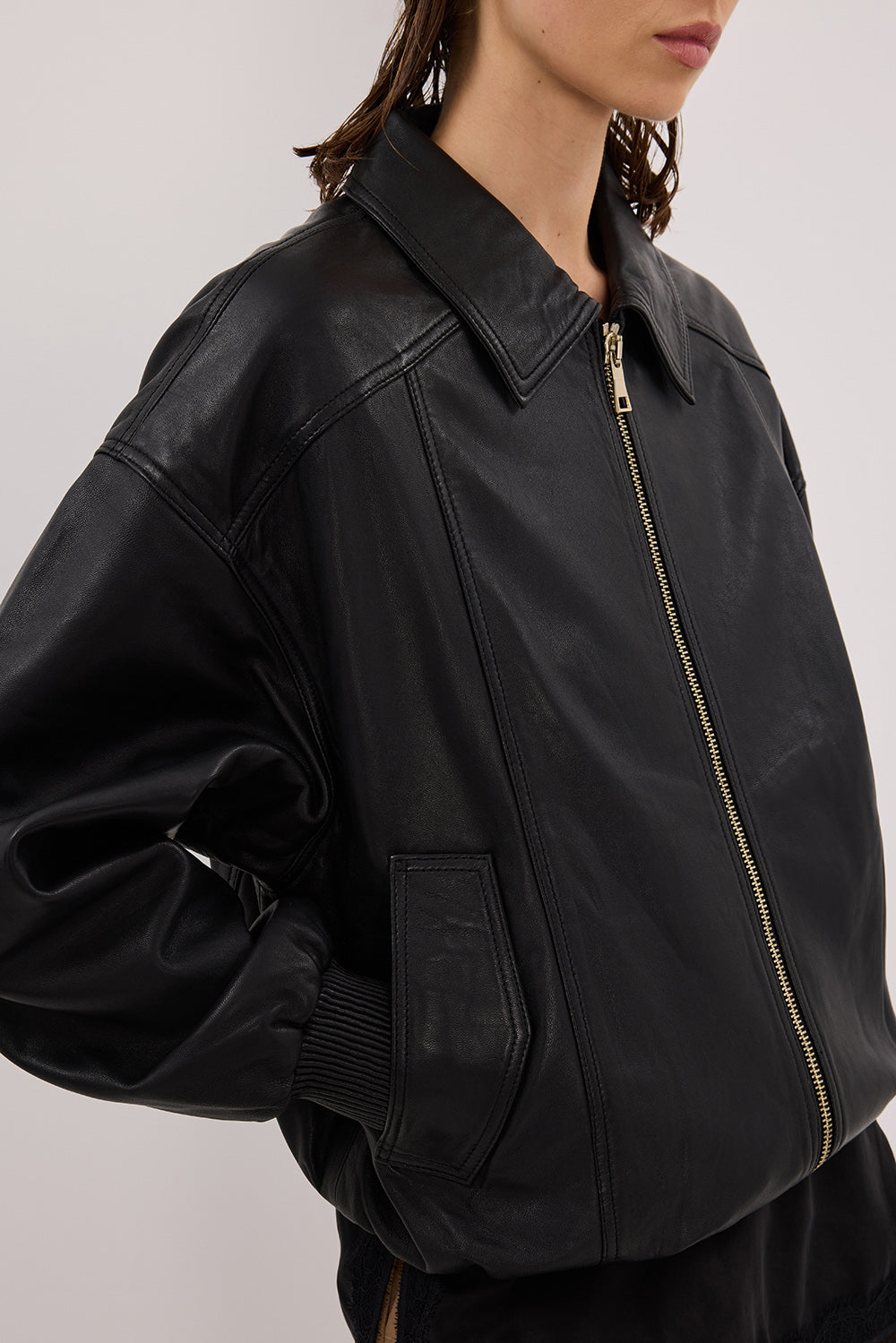 HUTTON BLACK LEATHER BOMBER JACKET