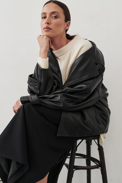 Casey wearing MARGOT BLACK OVERSIZED LEATHER JACKET