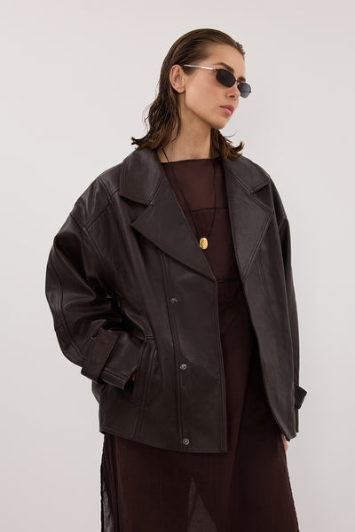 Stas wearing MARGOT CHOC OVERSIZED LEATHER JACKET