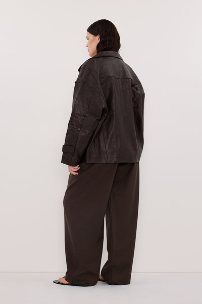 Jasmine wearing MARGOT CHOC OVERSIZED LEATHER JACKET