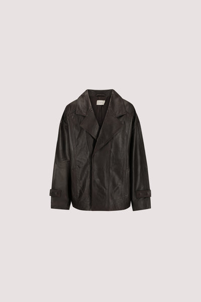 Stas wearing MARGOT CHOC OVERSIZED LEATHER JACKET