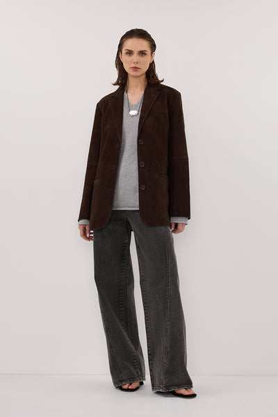 Stas wearing HENDRIX BITTER CHOC OVERSIZED SUEDE LEATHER JACKET