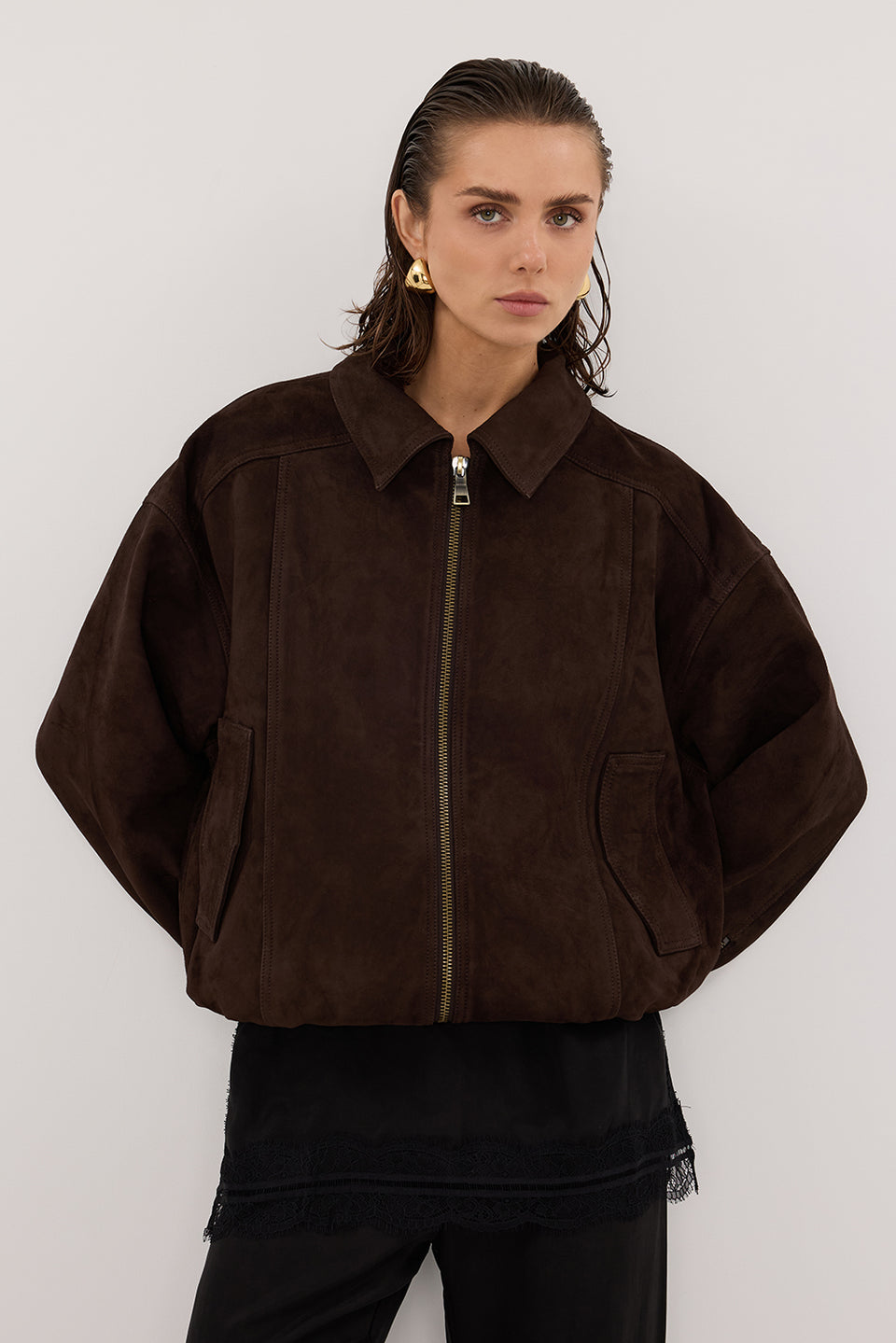 DENVER BITTER CHOC SUEDE LEATHER BOMBER JACKET