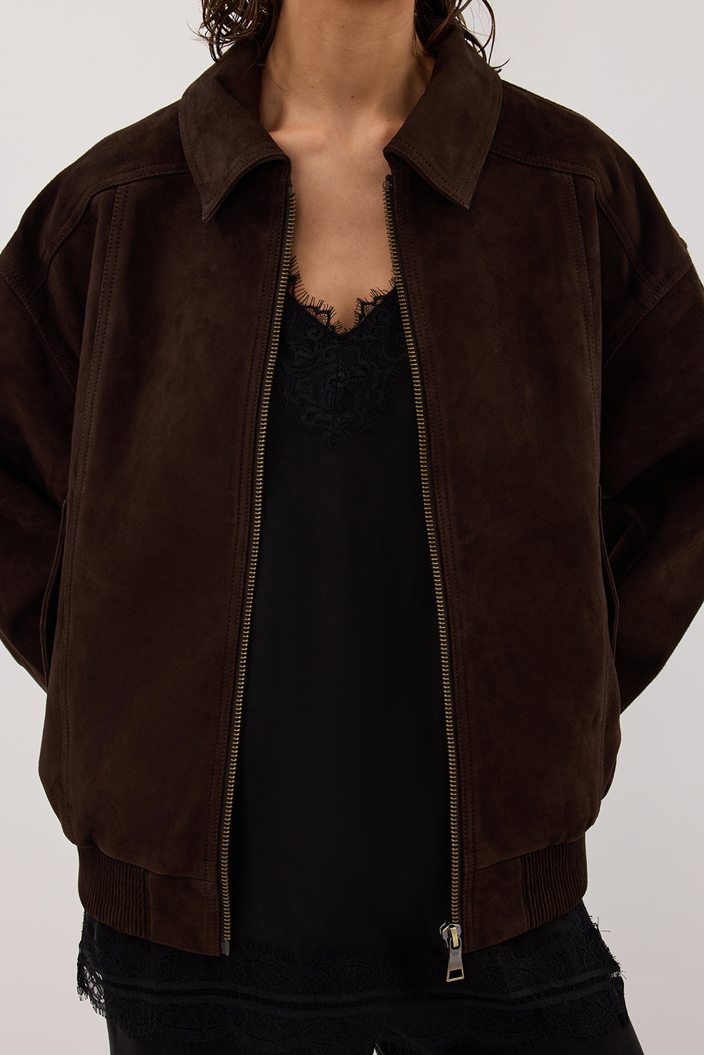 DENVER BITTER CHOC SUEDE LEATHER BOMBER JACKET