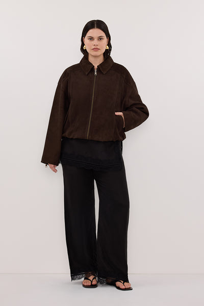 Jasmine wearing DENVER BITTER CHOC SUEDE LEATHER BOMBER JACKET