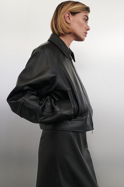 Joanna wearing FREYA BLACK CROPPED LEATHER JACKET