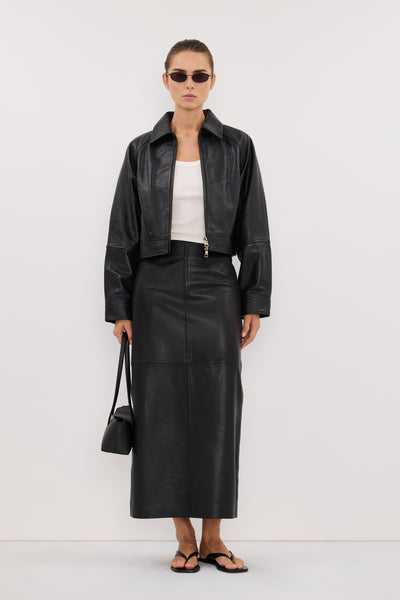 Stas wearing FREYA BLACK CROPPED LEATHER JACKET