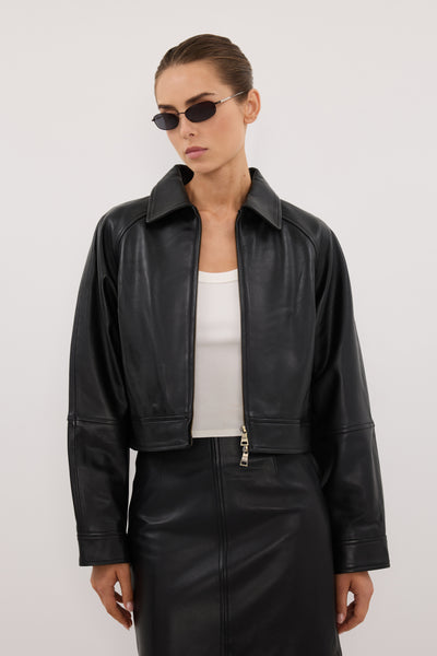 Stas wearing FREYA BLACK CROPPED LEATHER JACKET