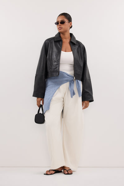 Amanda wearing FREYA BLACK CROPPED LEATHER JACKET