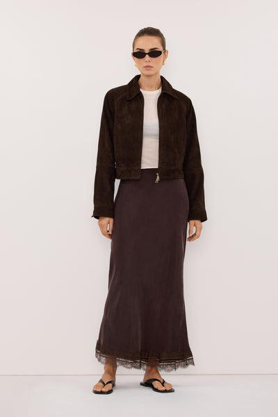 Stas wearing MAEVE BITTER CHOC SUEDE CROPPED JACKET
