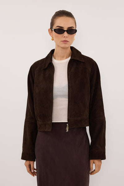 Stas wearing MAEVE BITTER CHOC SUEDE CROPPED JACKET