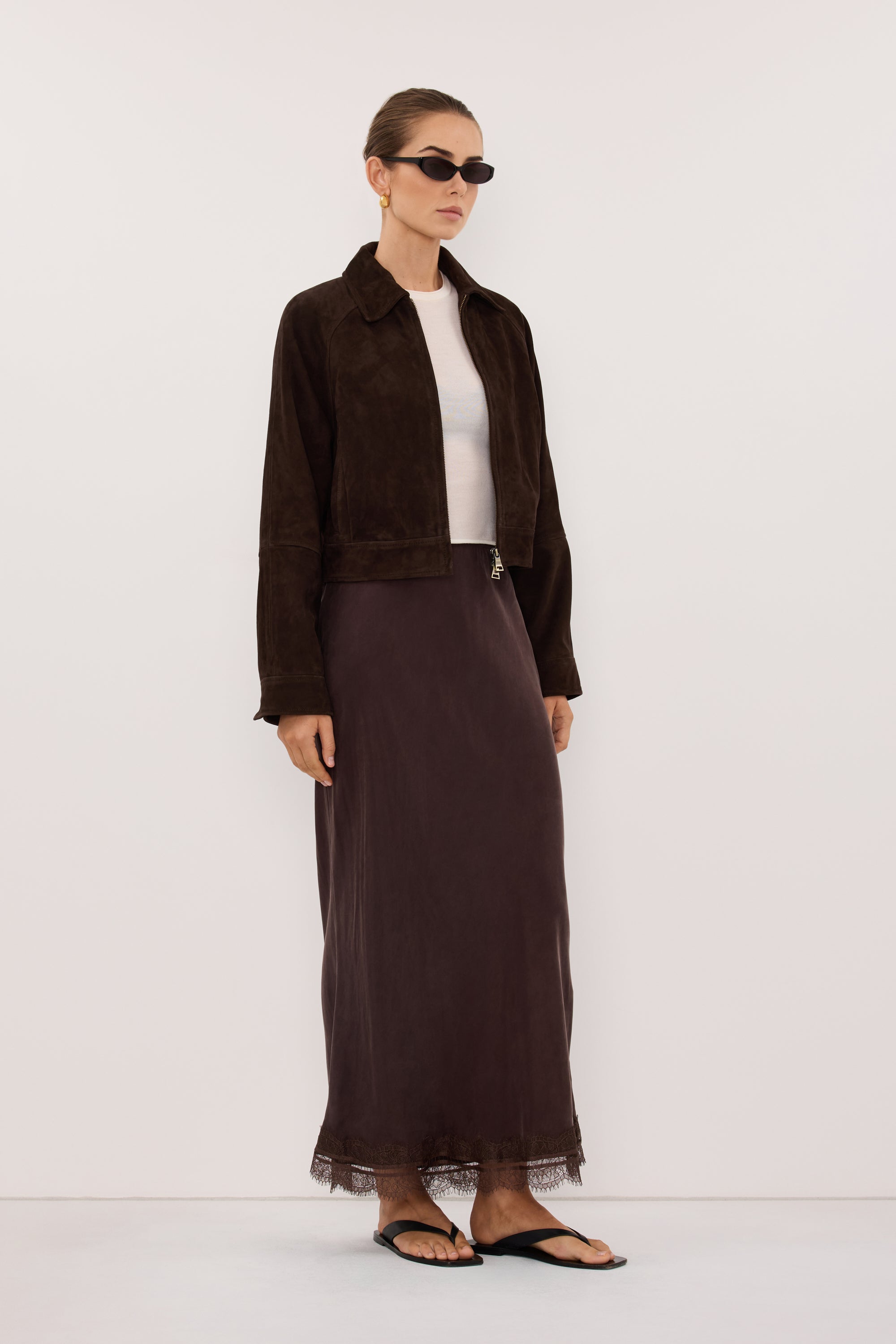 MAEVE BITTER CHOC SUEDE CROPPED JACKET