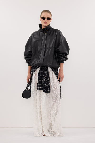 Shanina wearing SERIN BLACK LEATHER BOMBER JACKET - PRE ORDER